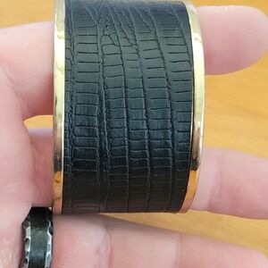 Vintage Black Croc Embossed Leather Gold Tone Wide Cuff Bracelet Statement